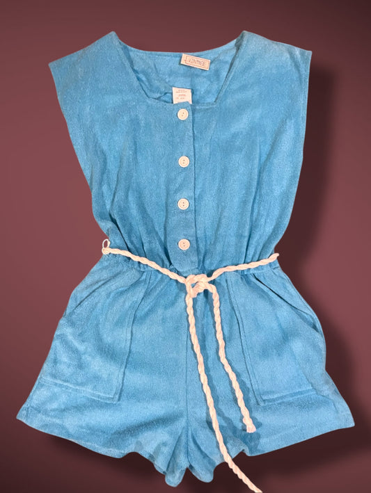 Vintage 1990’s Purple Terrycloth Button Up Jumpsuit Romper w/ Pockets