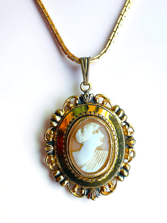Art Nouveau Hand Carved Coral Pink Shell Cameo Photo Locket Left Facing Cameo Necklace