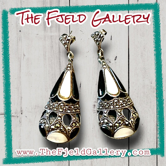 Art Deco Onyx, Mother of Pearl & Marcasite Vintage Sterling Silver Dangle Earrings