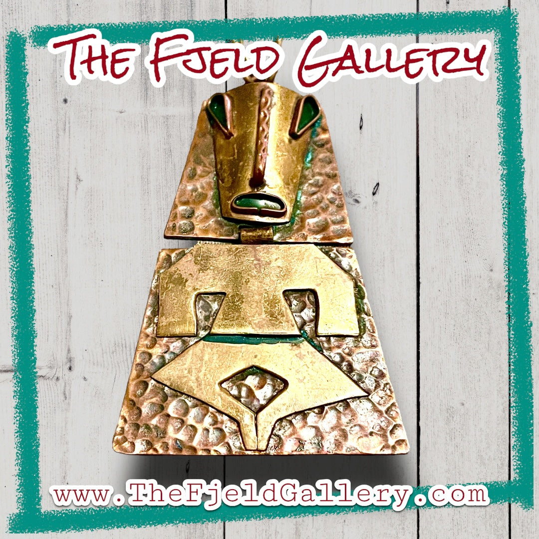 Vintage Brass & Copper Rebejas Designer Person Figural Mask Necklace