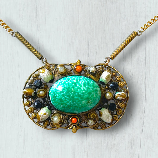 Art Nouveau Czechoslovakian Brass Filigree Jade Peking Art Glass Necklace