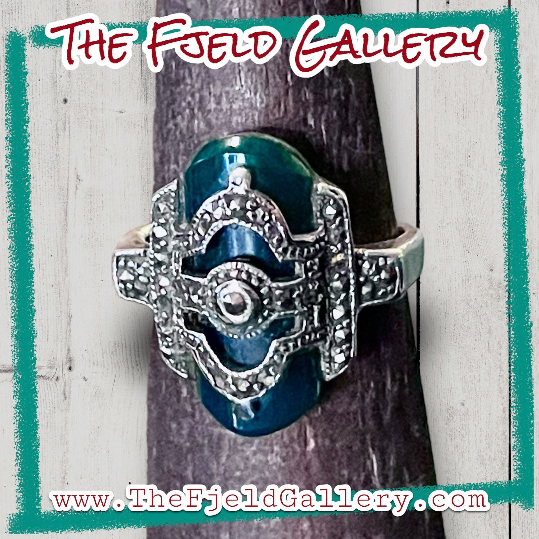 Chrysoprase Unique Art Deco Sterling Silver & Marcasite Overlay Ring