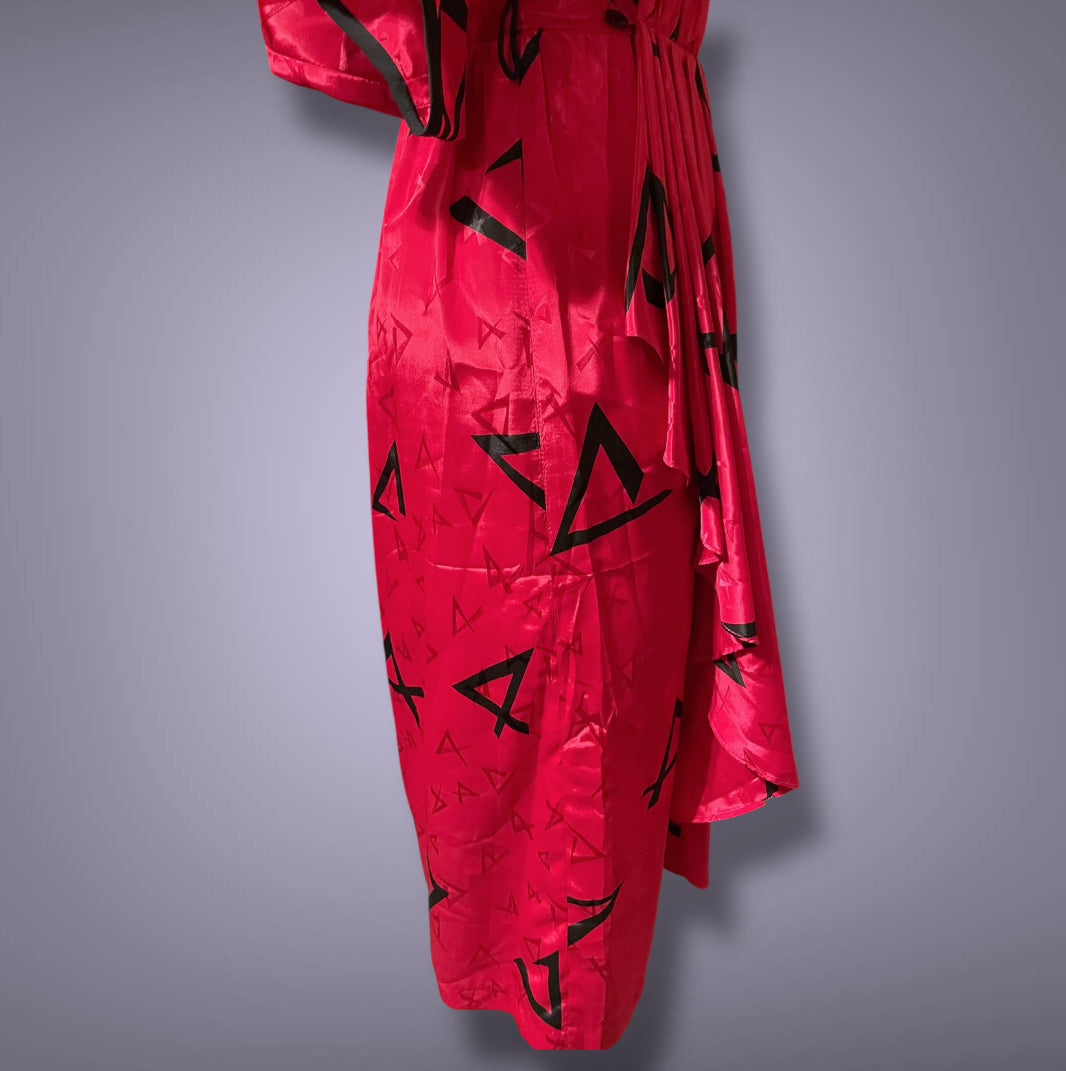 1980’s Magenta Pink Black Abstract Geometric Print Pleated Wrap Dress