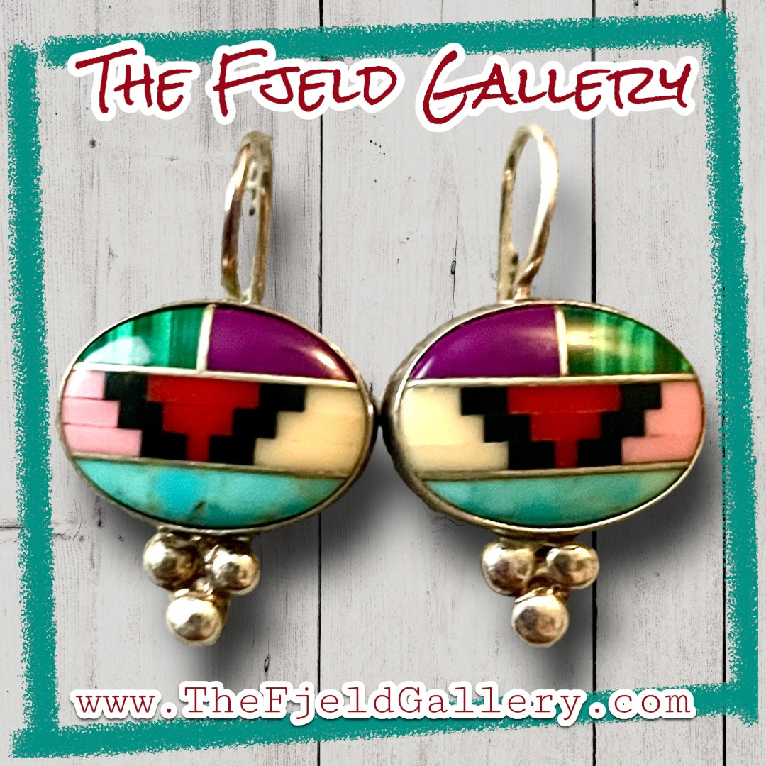 Native American Sterling Silver Turquoise, Coral, Malachite, Yellow Jasper, Black & Purple Onyx Geometric Dangle Earrings