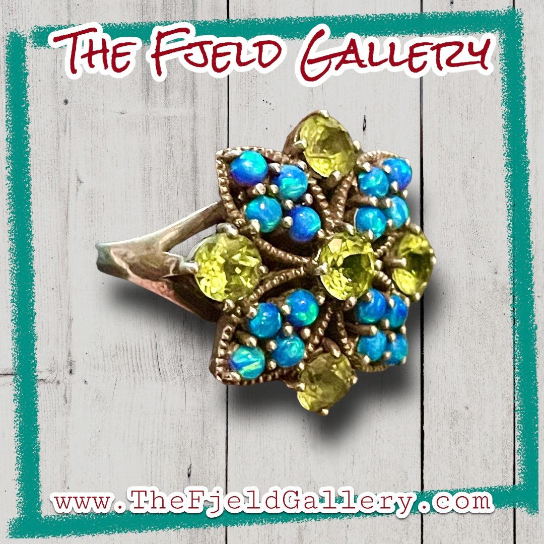 Peridot & Blue Fire Opal Flower Sterling Silver Ring