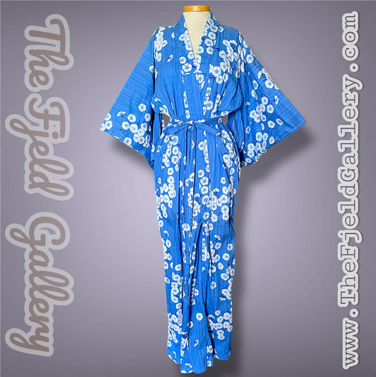 Vintage 1960’s Blue & White Cherry Blossom Flower Print Kimono