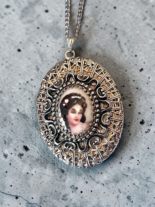 Porcelain Limogé Cameo Bezel Set in Silver Filigree Over Gold Locket Necklace