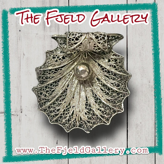 Antique Victorian Sterling Filigree Pearl in Shell Convertible Brooch Necklace Pendant