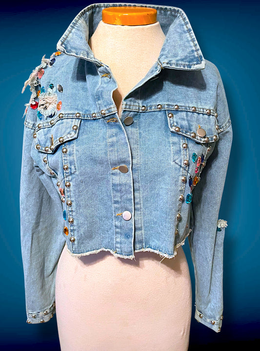 Vintage 1980’s Rainbow Jewel Crystal Stone Encrusted & Metal Rivet Crop Distressed Jean Jacket