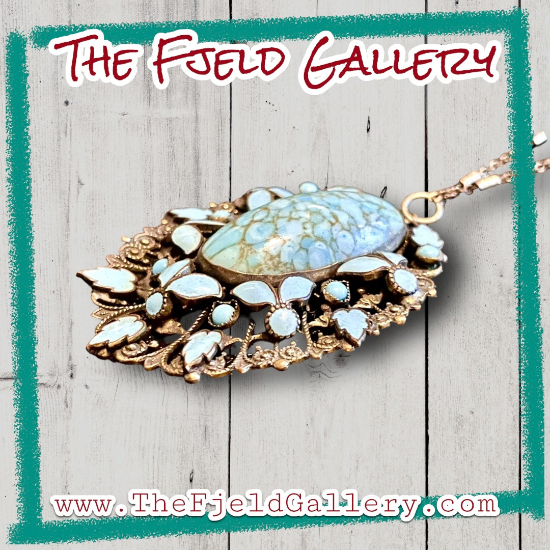 Czechoslovakian Blue Hubble Art Glass & Enamel Brass Filigree Necklace