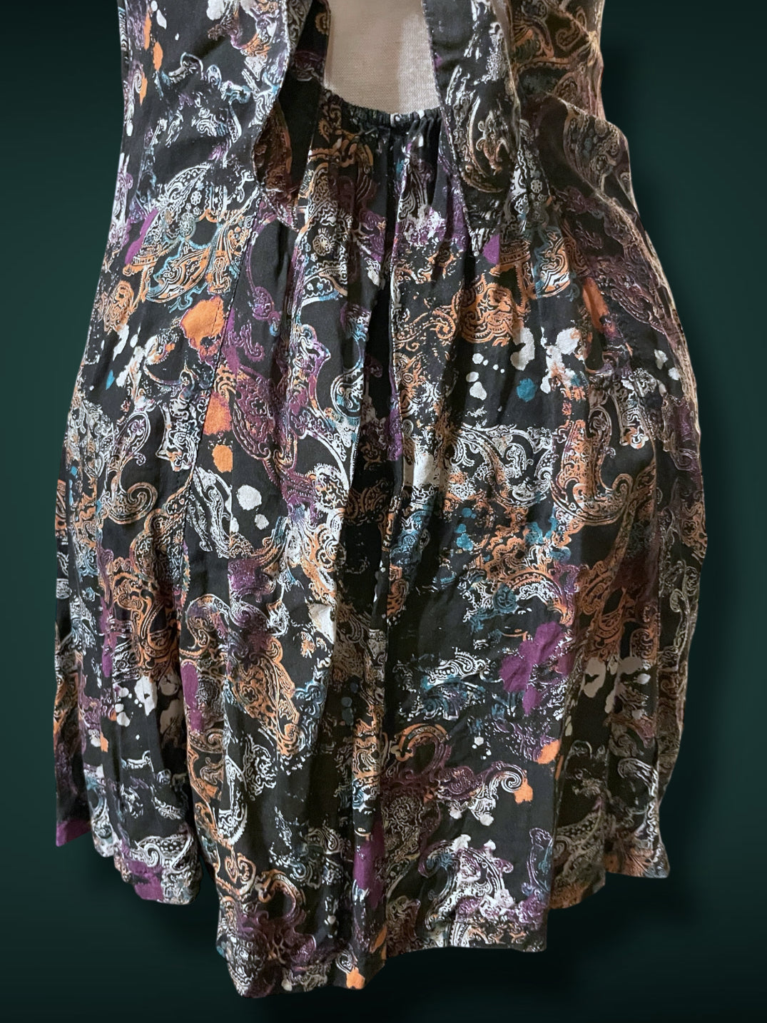 1990’s Black & White Paisley Print w Purple, Teal & Rust Bleach Splash Sundress