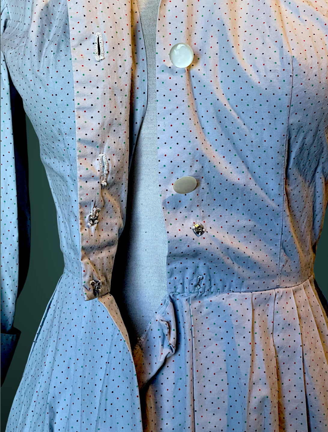 1960 A-Line Red, Blue & Green Polka Dot Button up Shirt Full Skirt Pocket Dress
