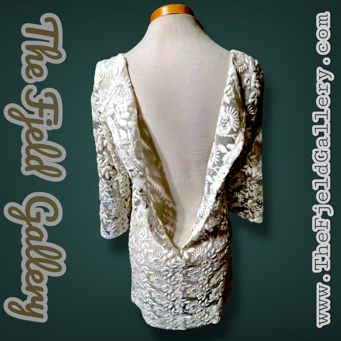 1960’s Embroidered Ivory Lace Mod Short Dress with Bell Bottom Sleeves
