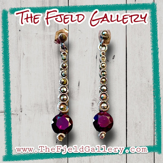 Art Deco Vintage Sterling Silver Red Garnet & Marcasite Dangle Earrings