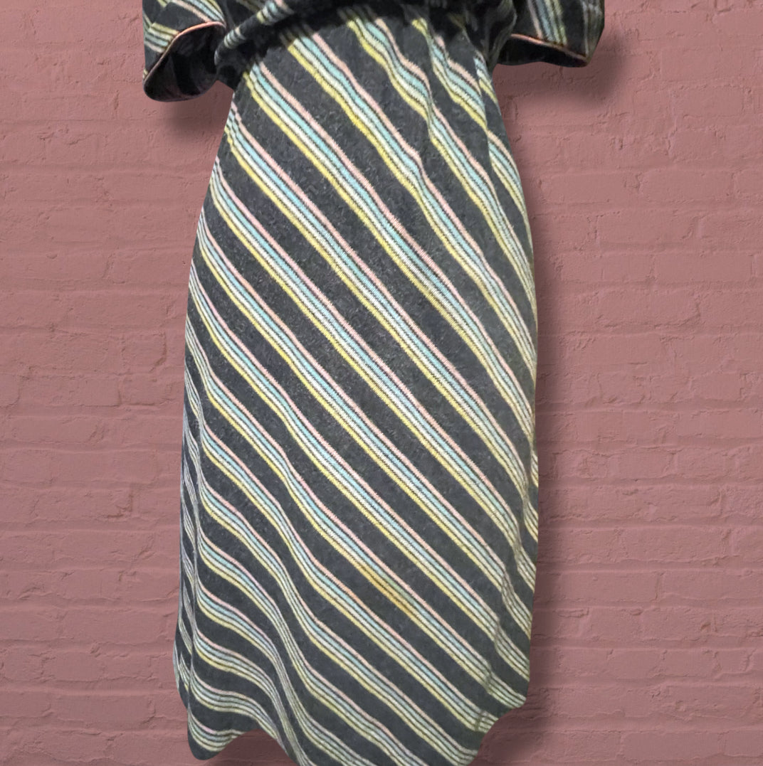 Vintage 1980’s Knit Grey & Pastel Pink, Blue, & Yellow Striped Dress