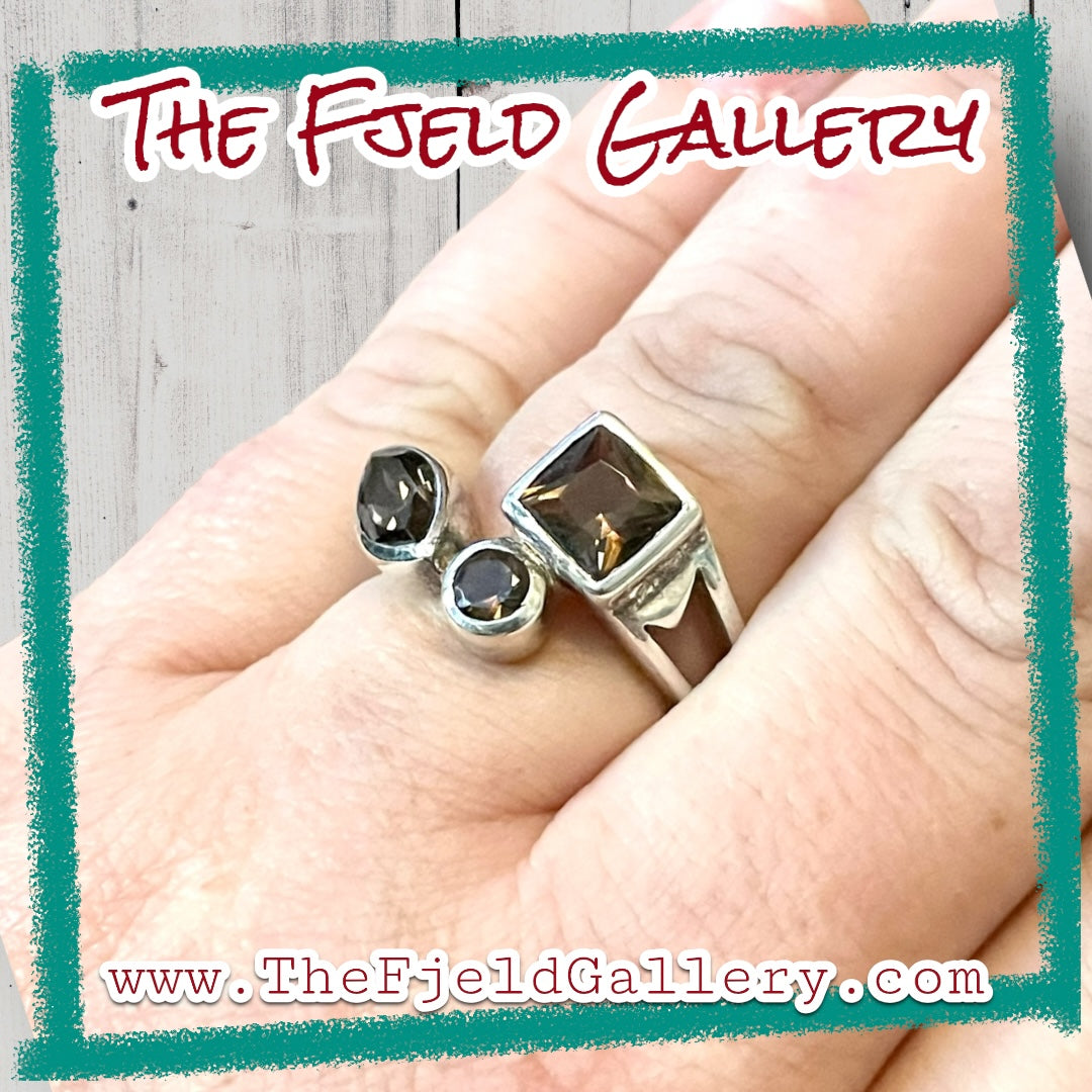Smokey Topaz 3 Stone Bezel Set Geometric Sterling Silver Ring