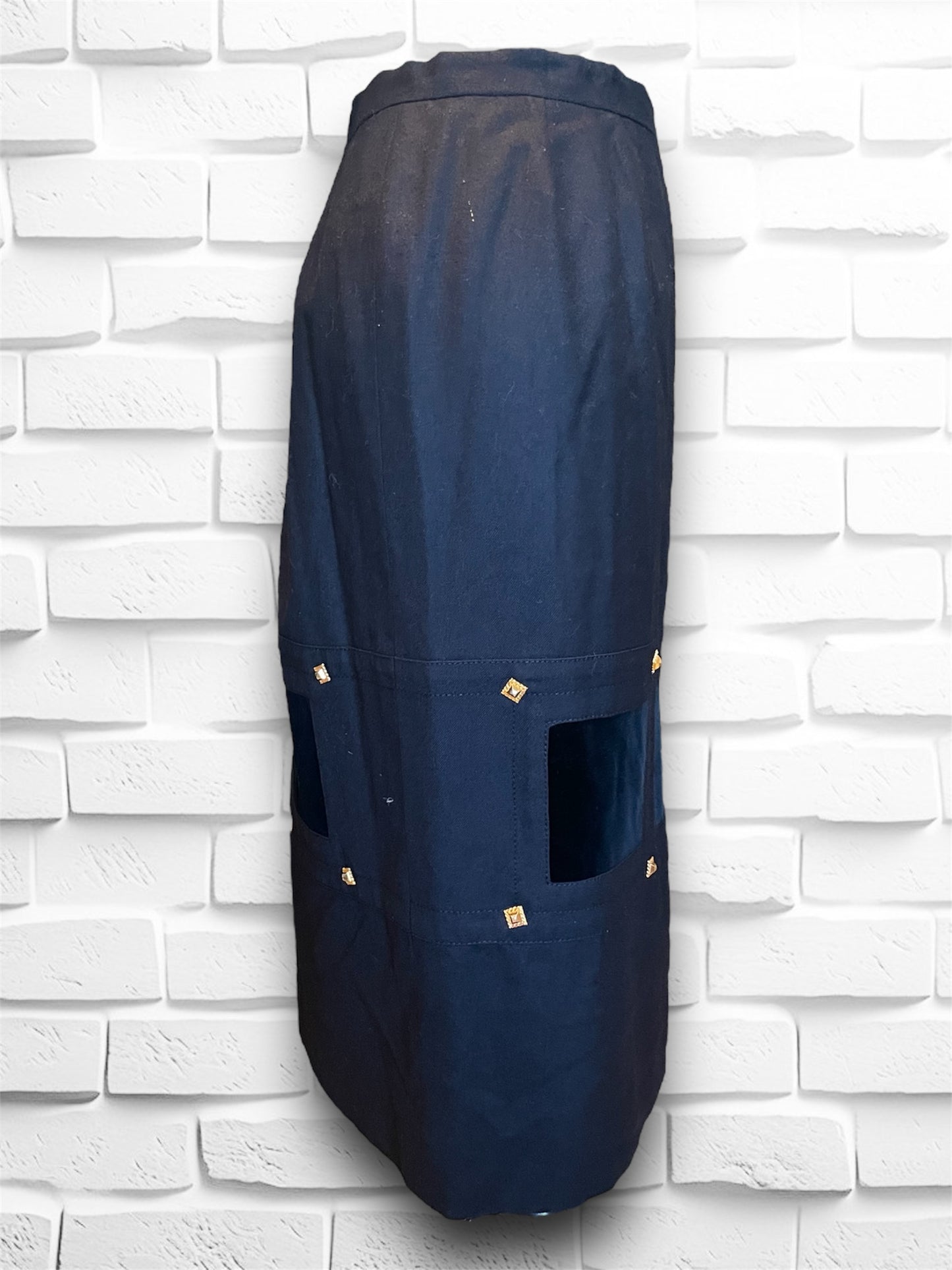 Vintage 1990’s Parisian Made Black Wool Skirt with Velvet Squares & Gold Rivets