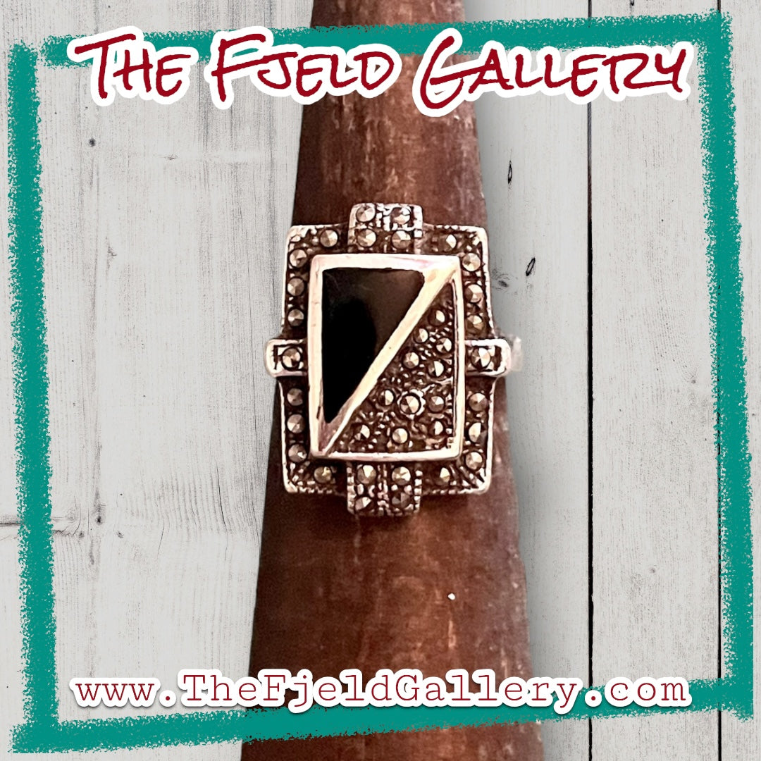 Art Deco Onyx & Marcasite Square Sterling Silver Geometric Ring