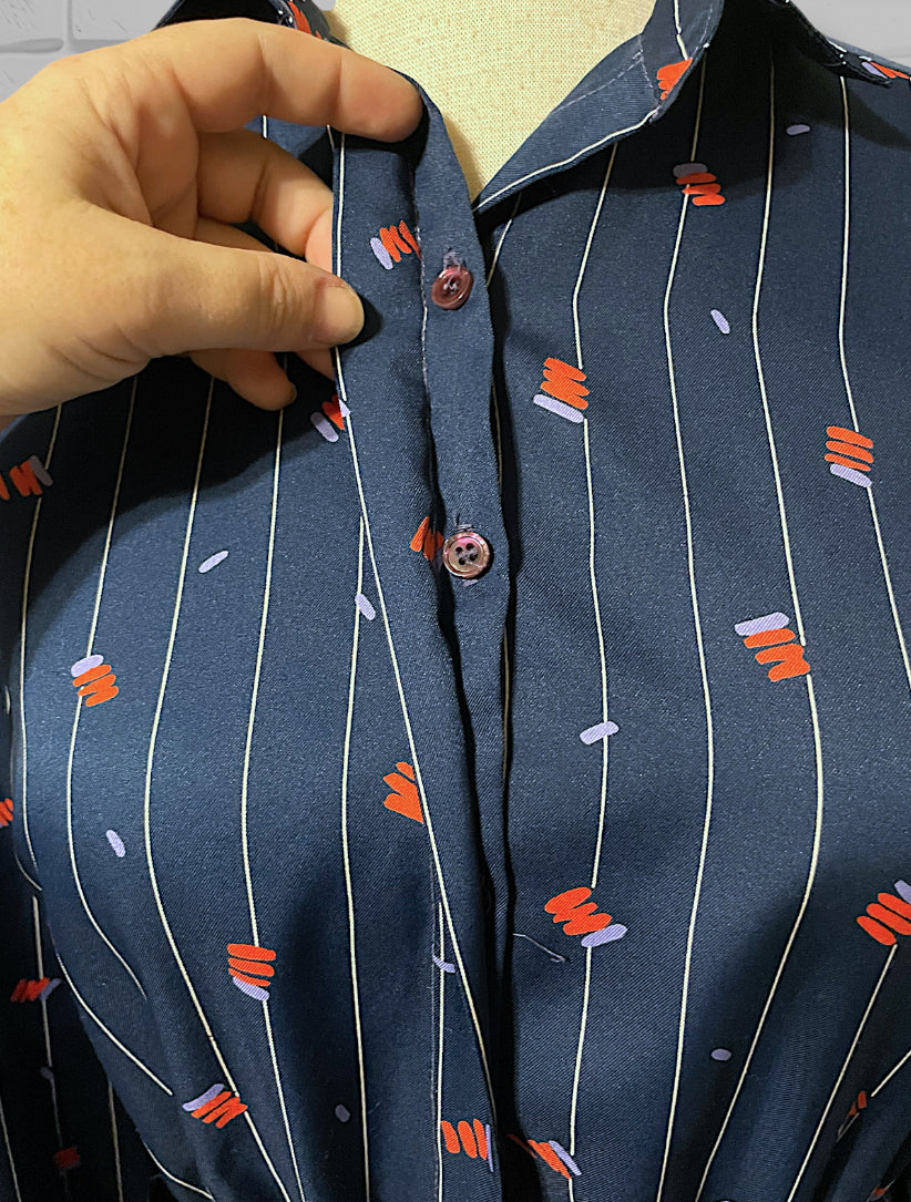 1970’s Navy Blue Pinstripe, Red & Purple Pattern Long-sleeve Pocket Belted Dress