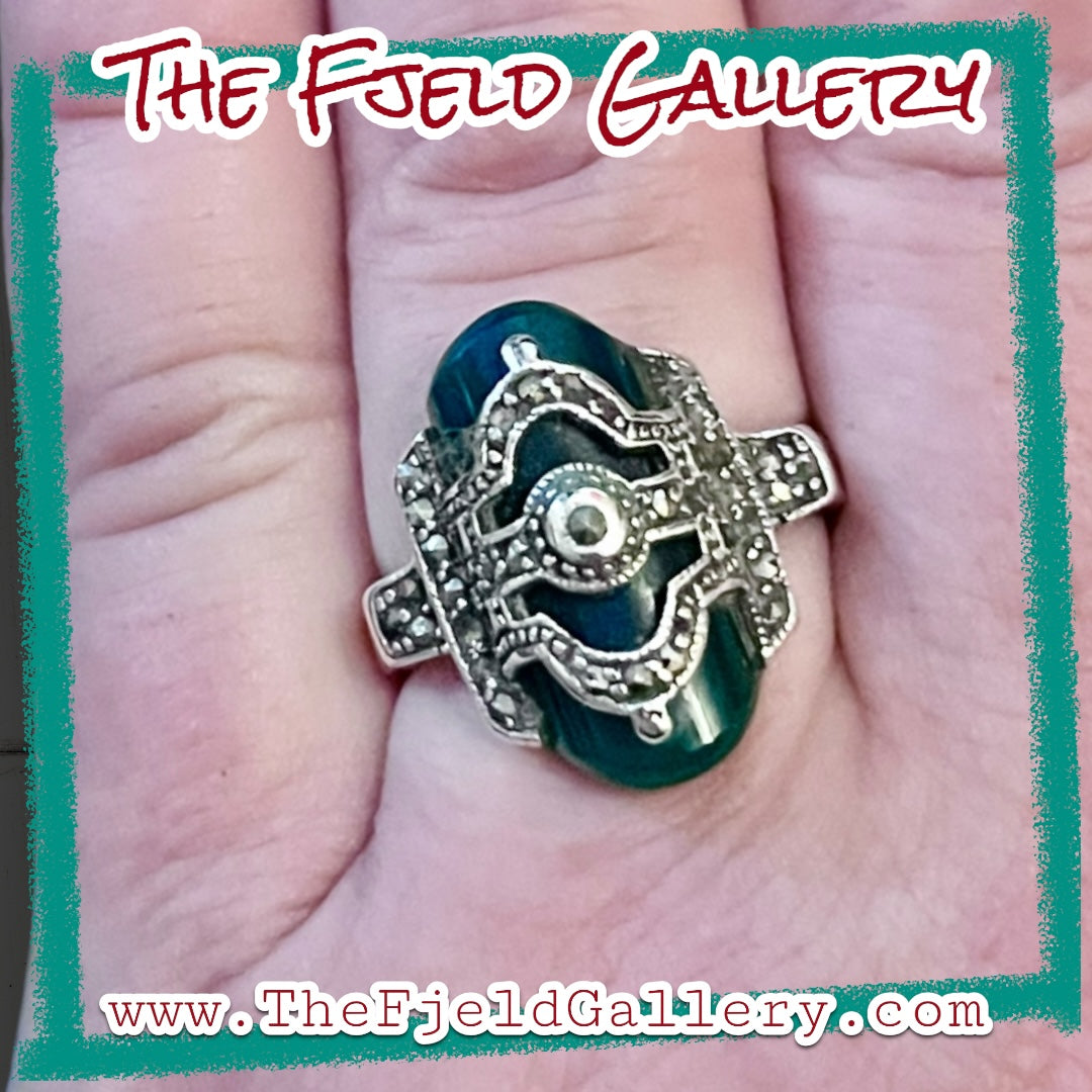 Chrysoprase Unique Art Deco Sterling Silver & Marcasite Overlay Ring