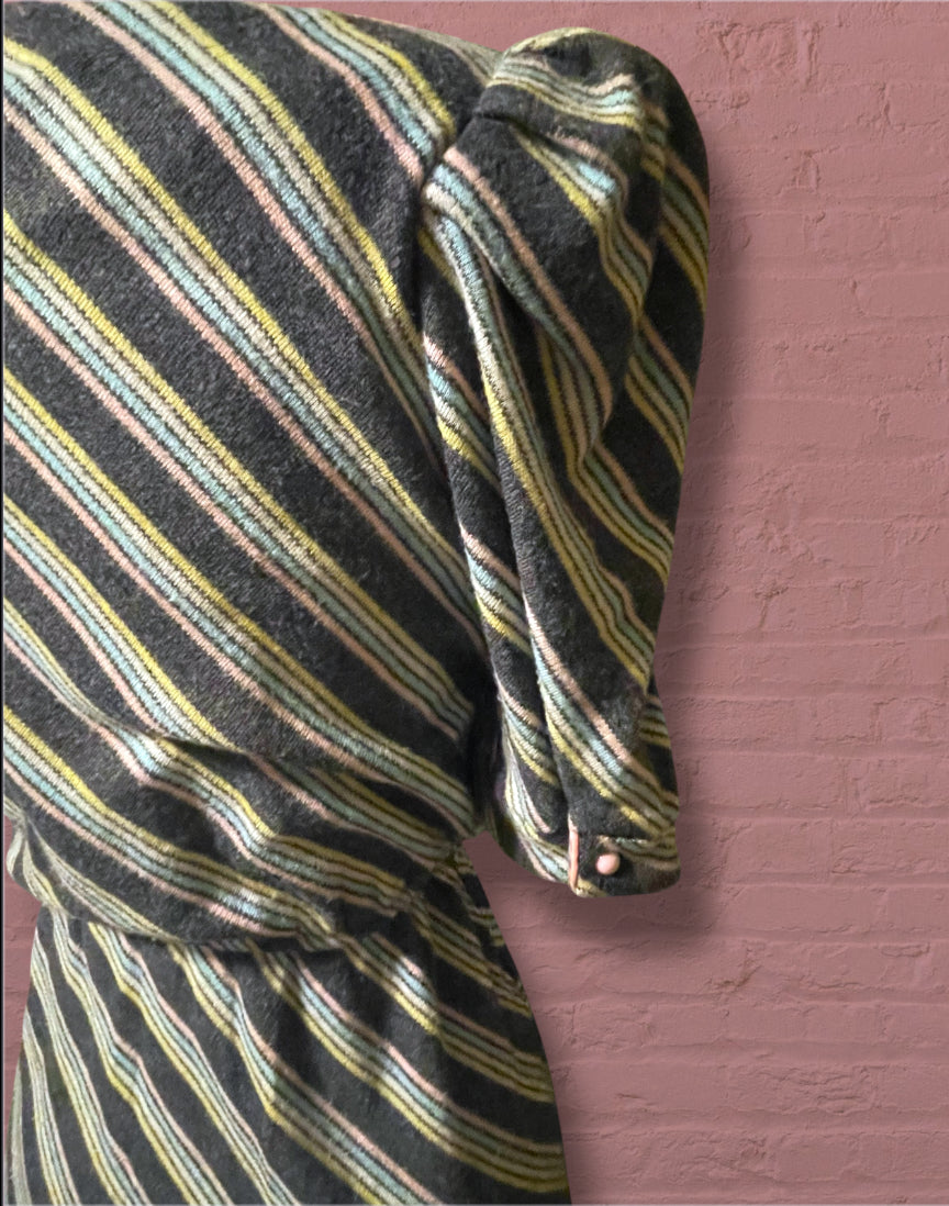 Vintage 1980’s Knit Grey & Pastel Pink, Blue, & Yellow Striped Dress