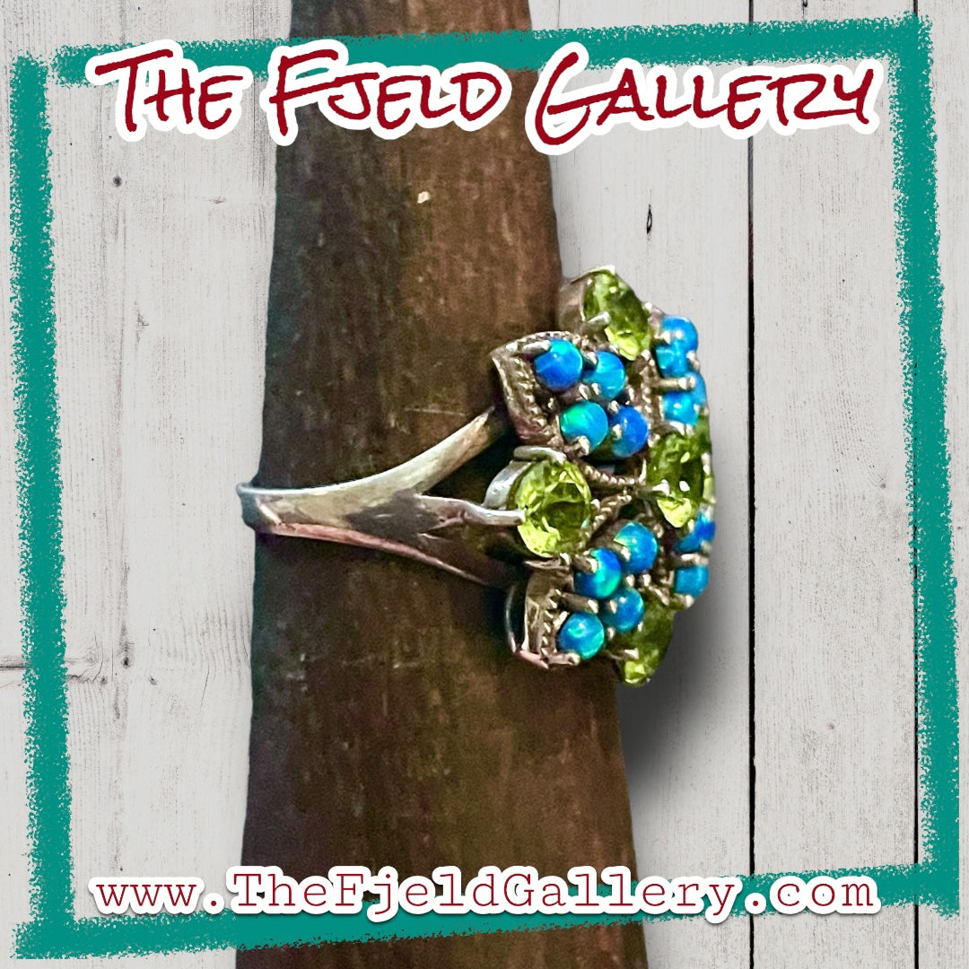 Peridot & Blue Fire Opal Flower Sterling Silver Ring