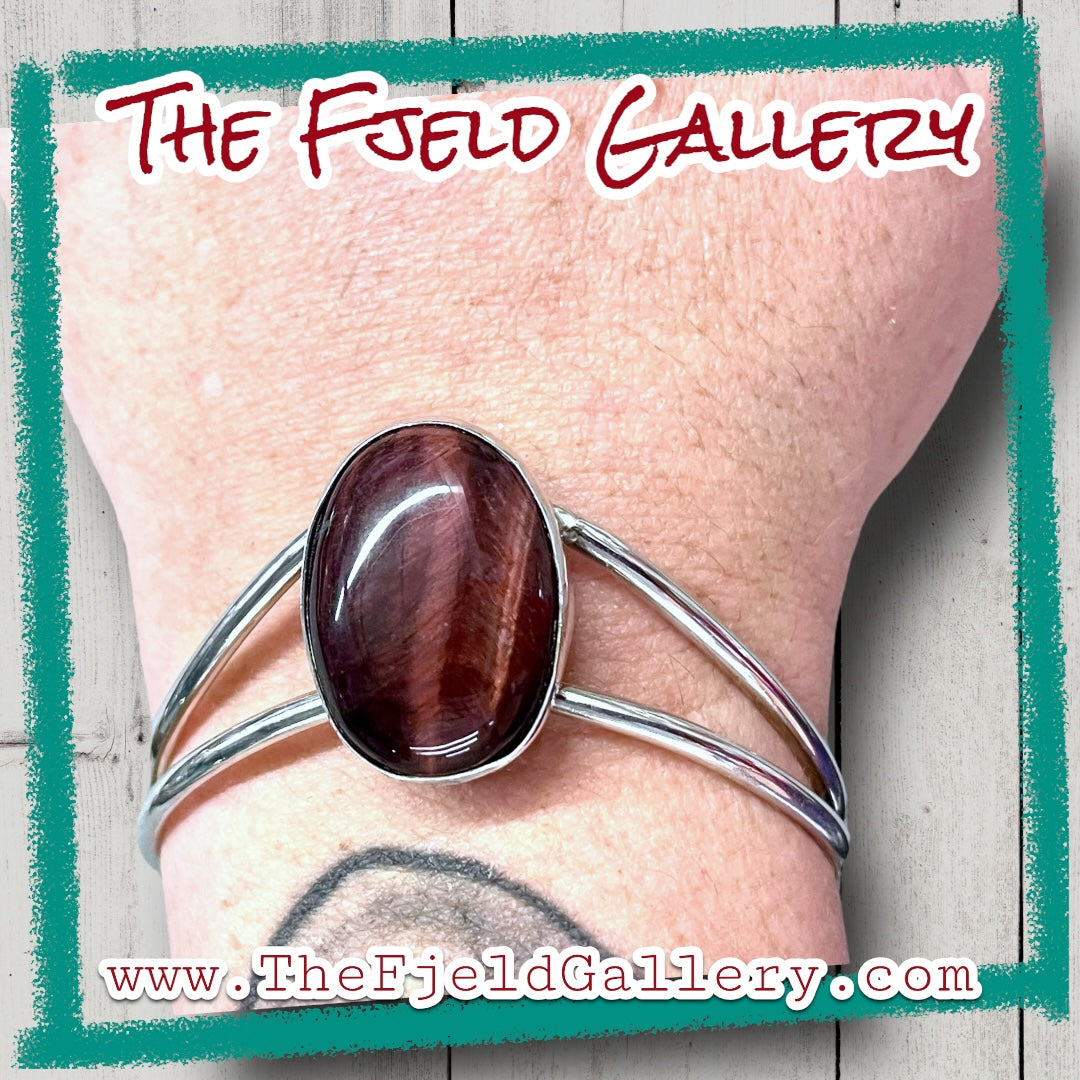Tigers Eye Gemstone Sterling Silver Chevron Cuff Bracelet