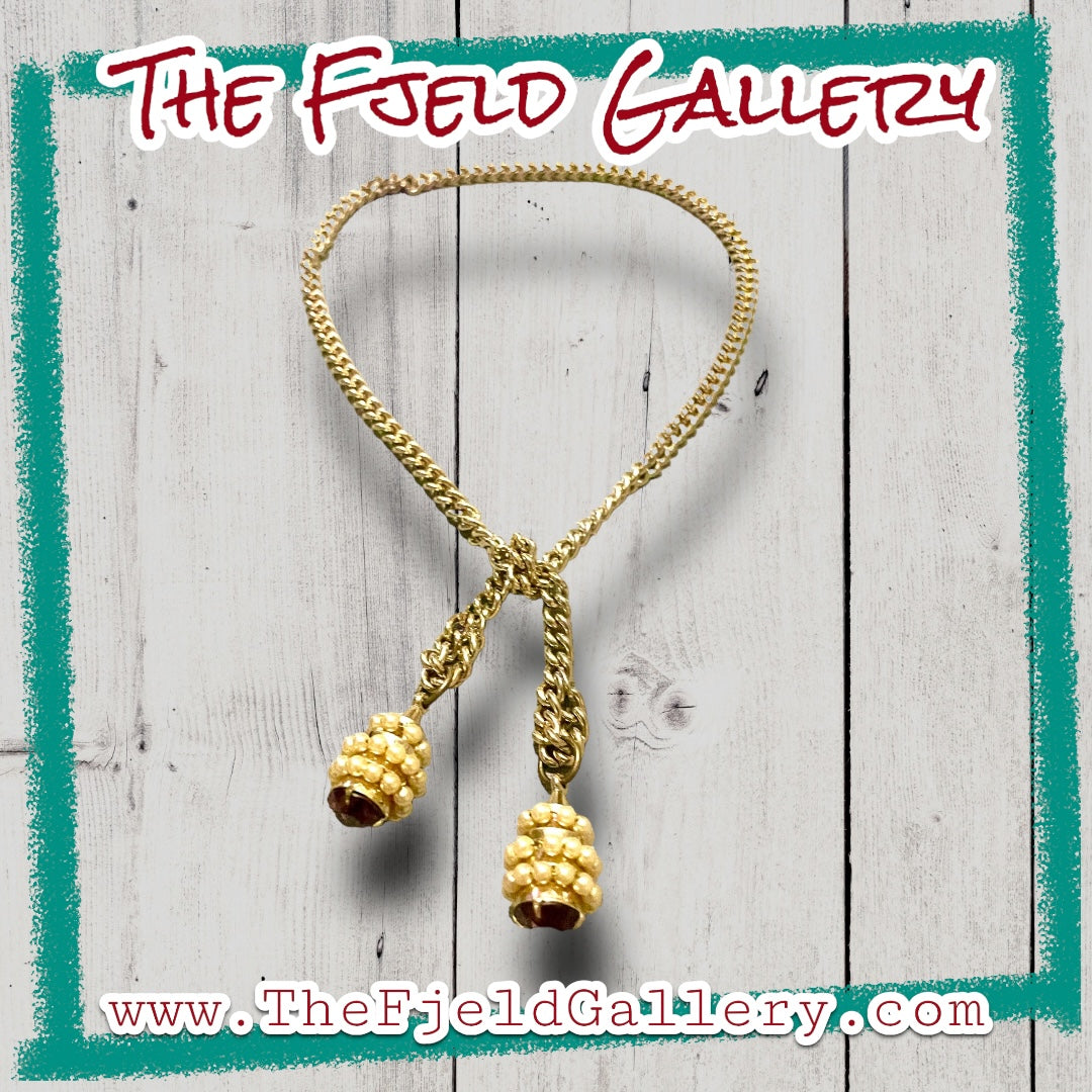 Hollywood Regency Purple Art Glass & Pearl Gold Chain Lariat Necklace