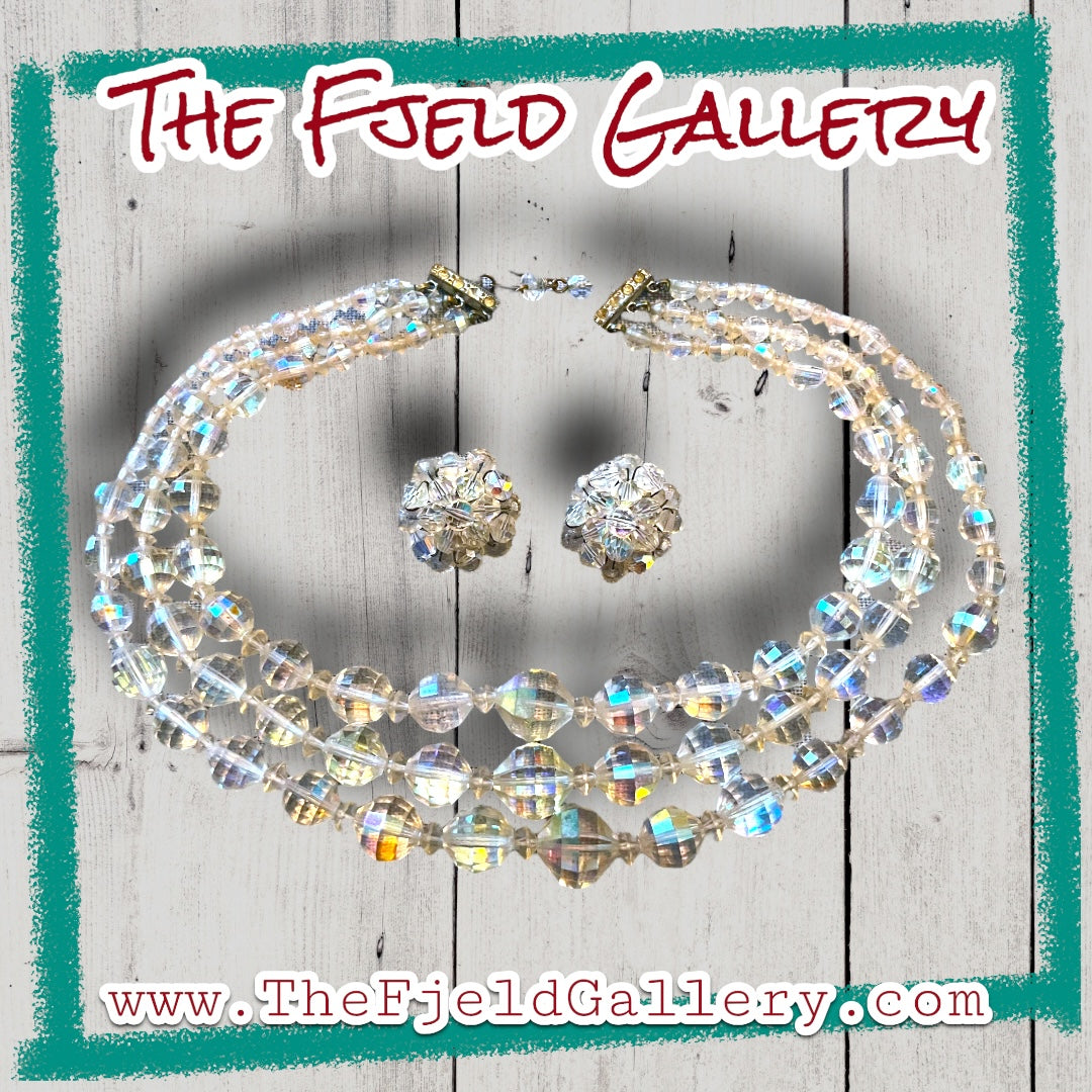 1950’s Hollywood Regency Aurora Borealis Crystal 3 Strand Necklace & Earring Set