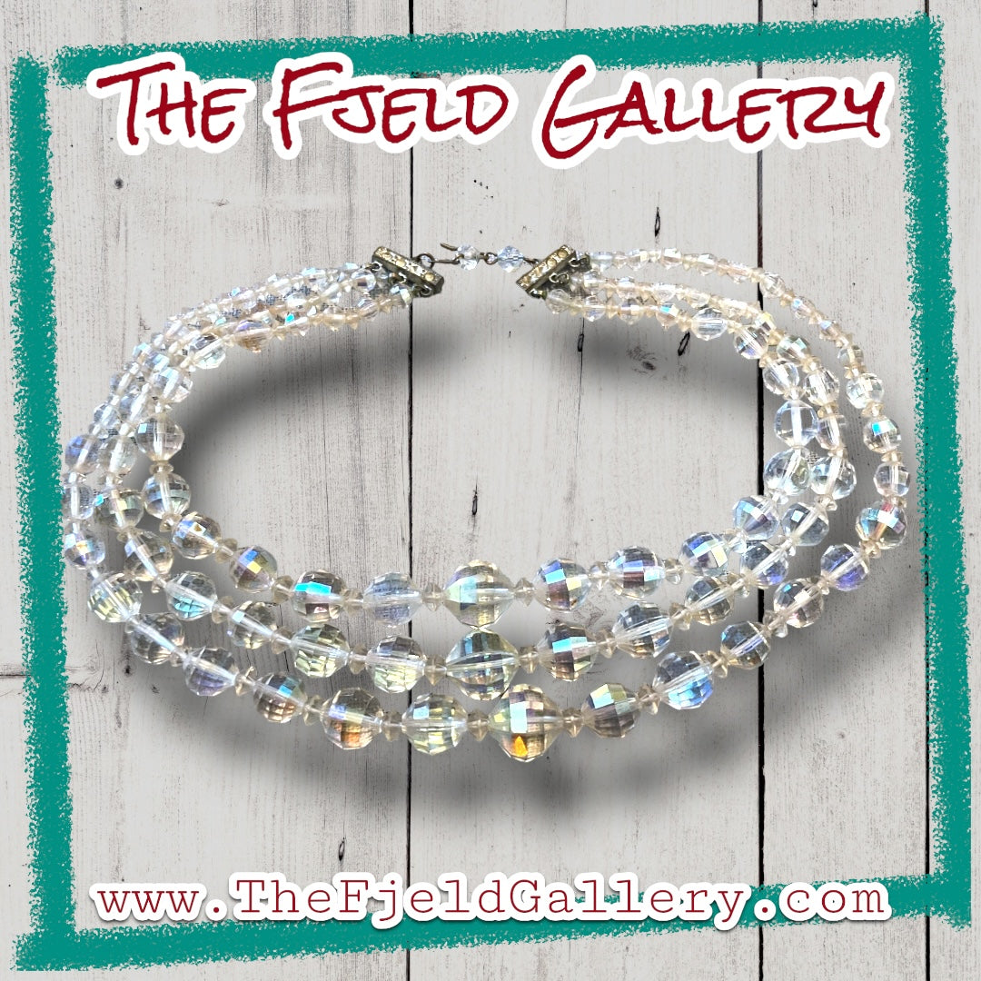 1950’s Hollywood Regency Aurora Borealis Crystal 3 Strand Necklace & Earring Set
