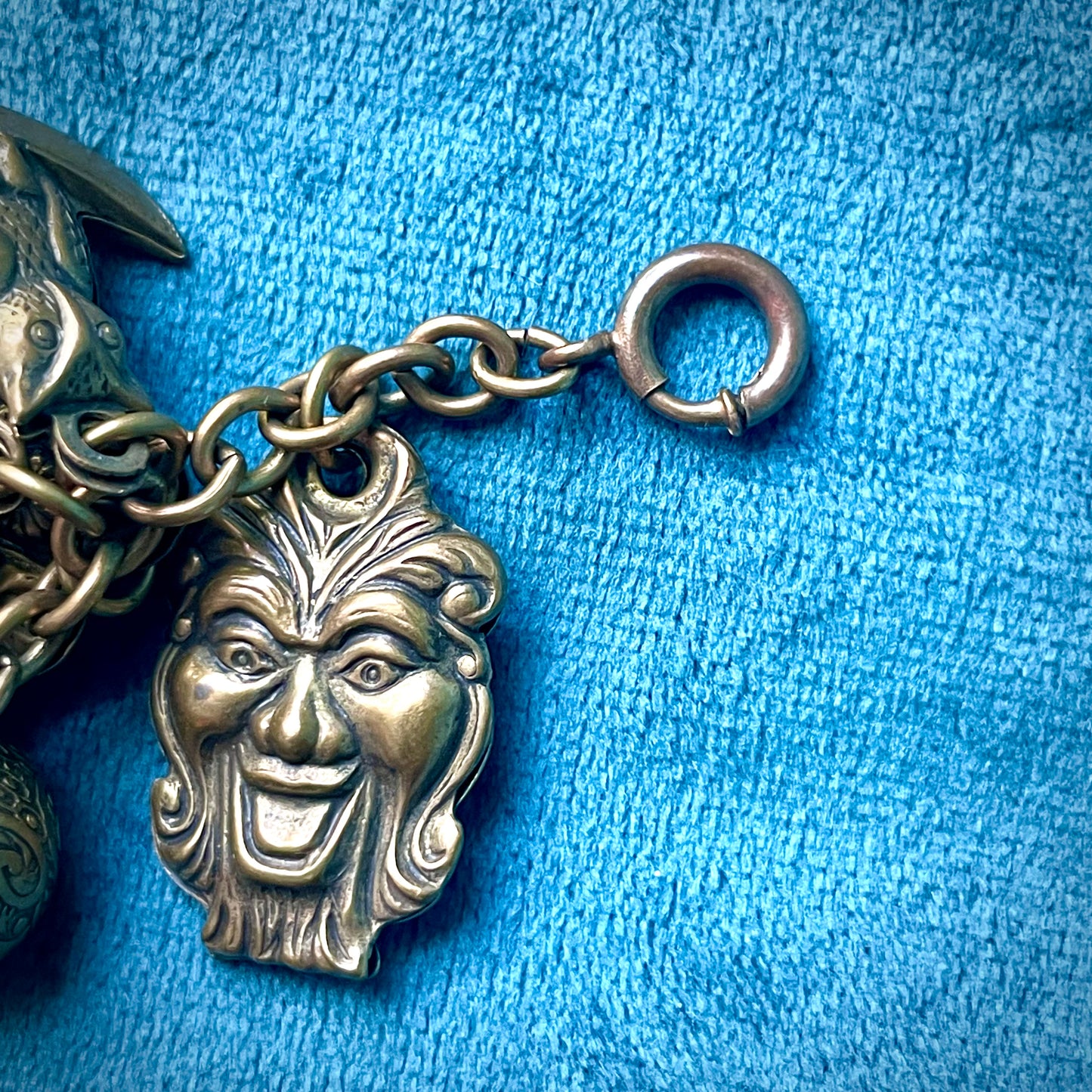 Amazing Art Nouveau Brass Puffy Charm Bracelet: Faces, Moon, Owl, Lucky 7, Bells, Flower & more!