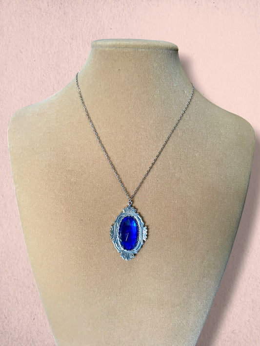 Art Deco Sapphire Blue Faceted Art Glass Lotus Flower Silver Necklace