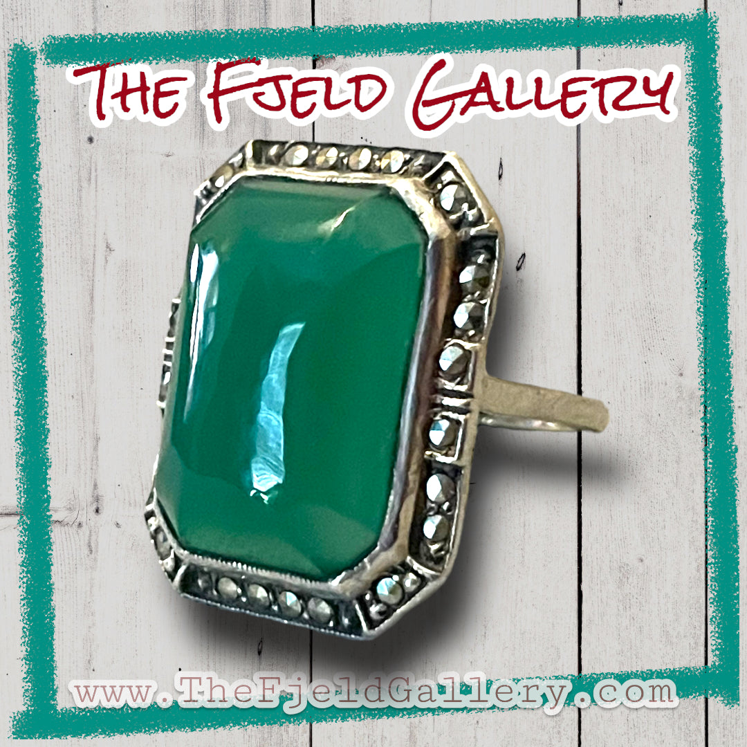 Art Deco Chrysoprase Sterling Silver Marcasite Square Ring