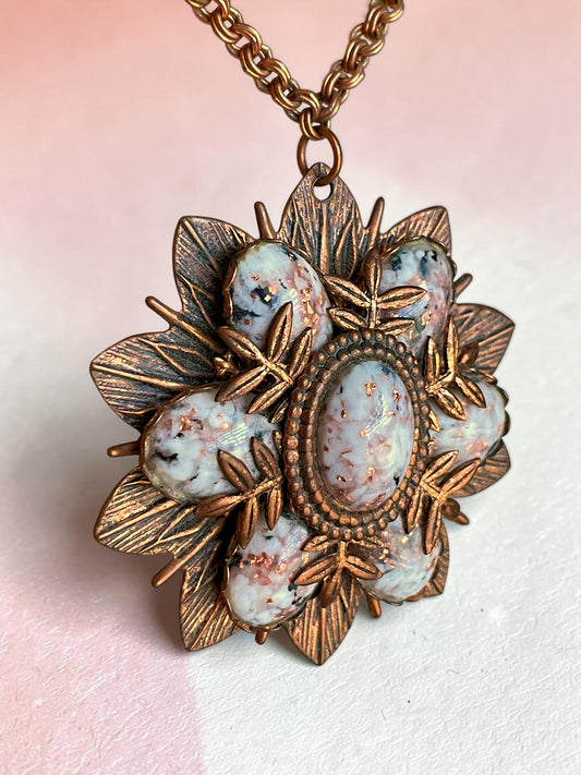 Renoir Copper Starburst White & Black, Pink Confetti Foil Art Glass Pendant Necklace