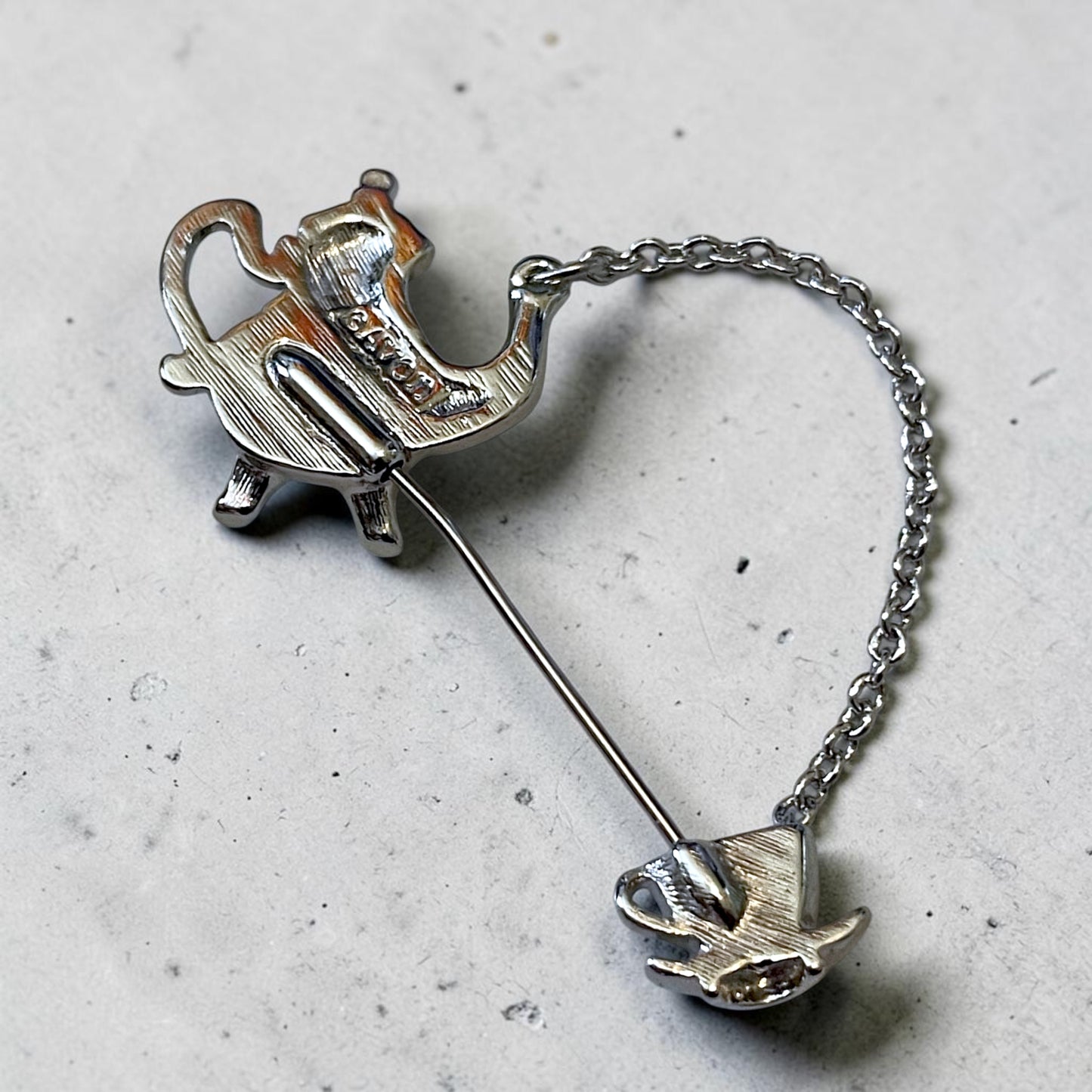 Vintage Silver Teapot & Teacup Pouring Brooch Lapel Pin