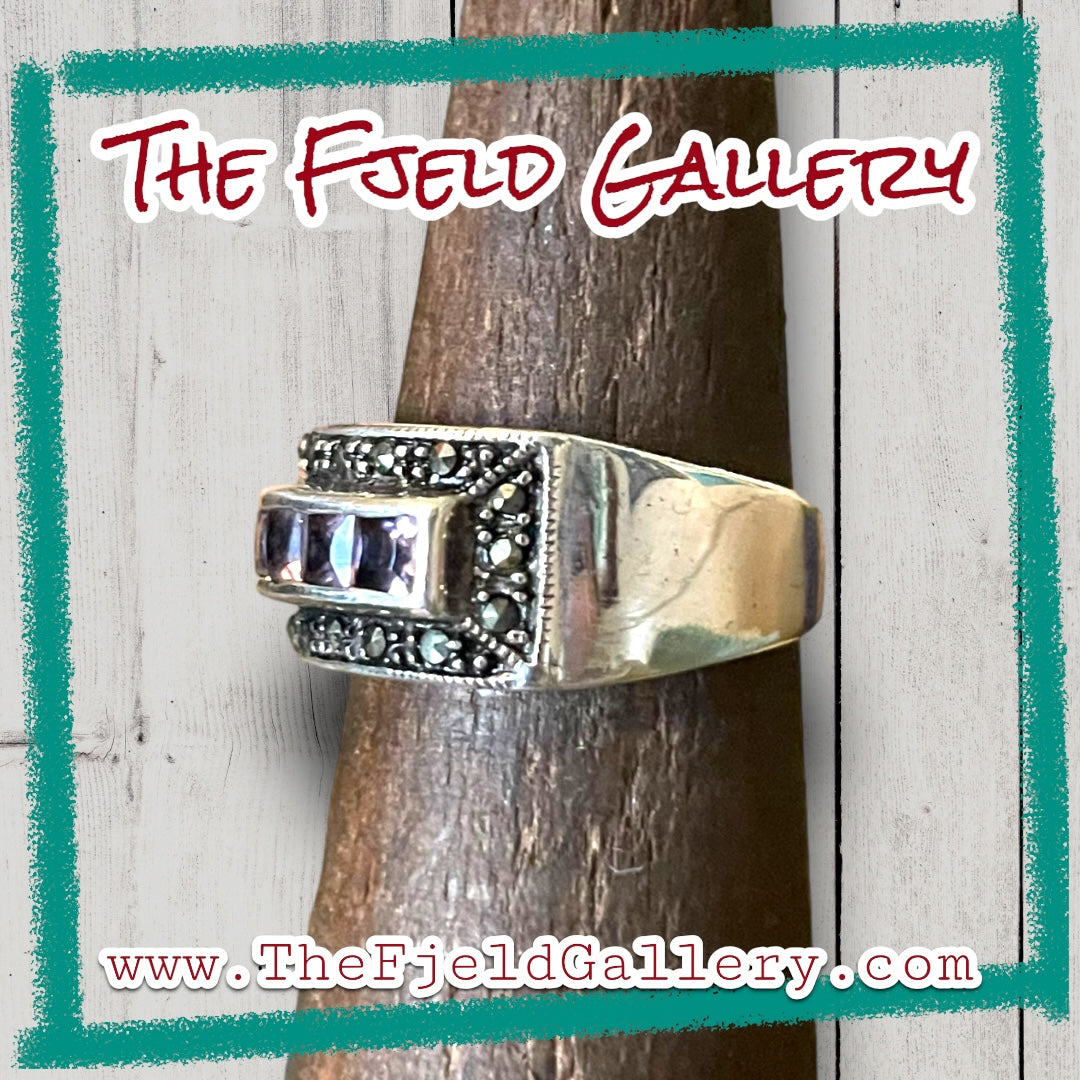 Amethyst Channel Set Sterling Silver & Marcasite Wide Band Ring