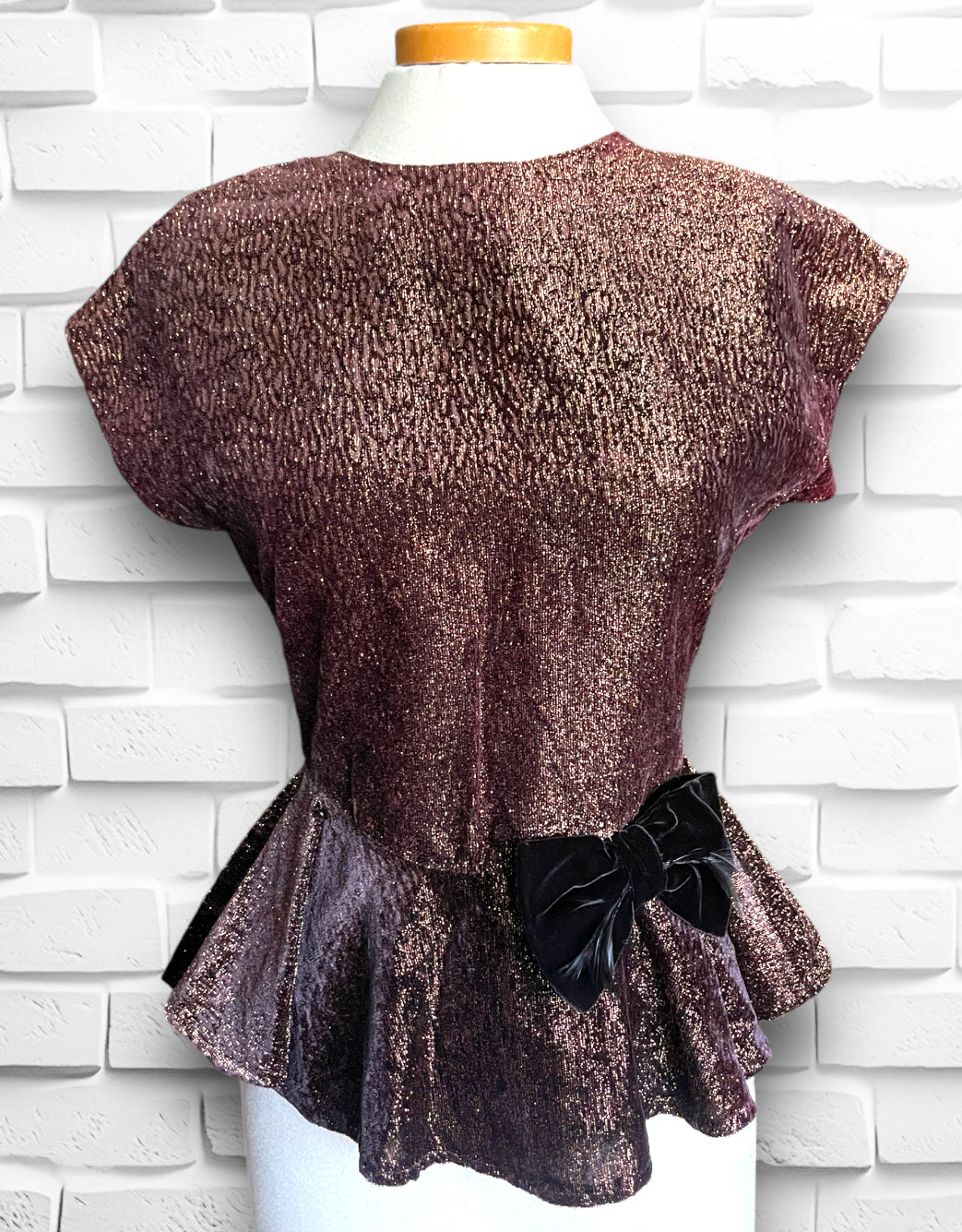 1980 Copper Metallic Peplum Blouse w/ Velvet Bow, Keyhole Back & Black Buttons