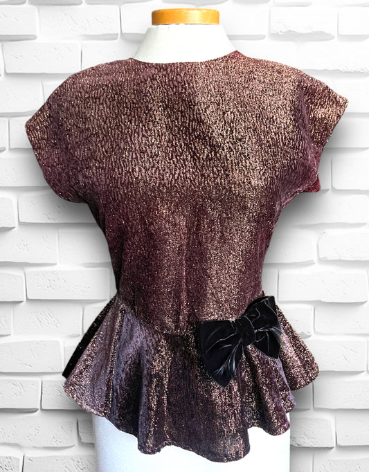 1980 Copper Metallic Peplum Blouse w/ Velvet Bow, Keyhole Back & Black Buttons