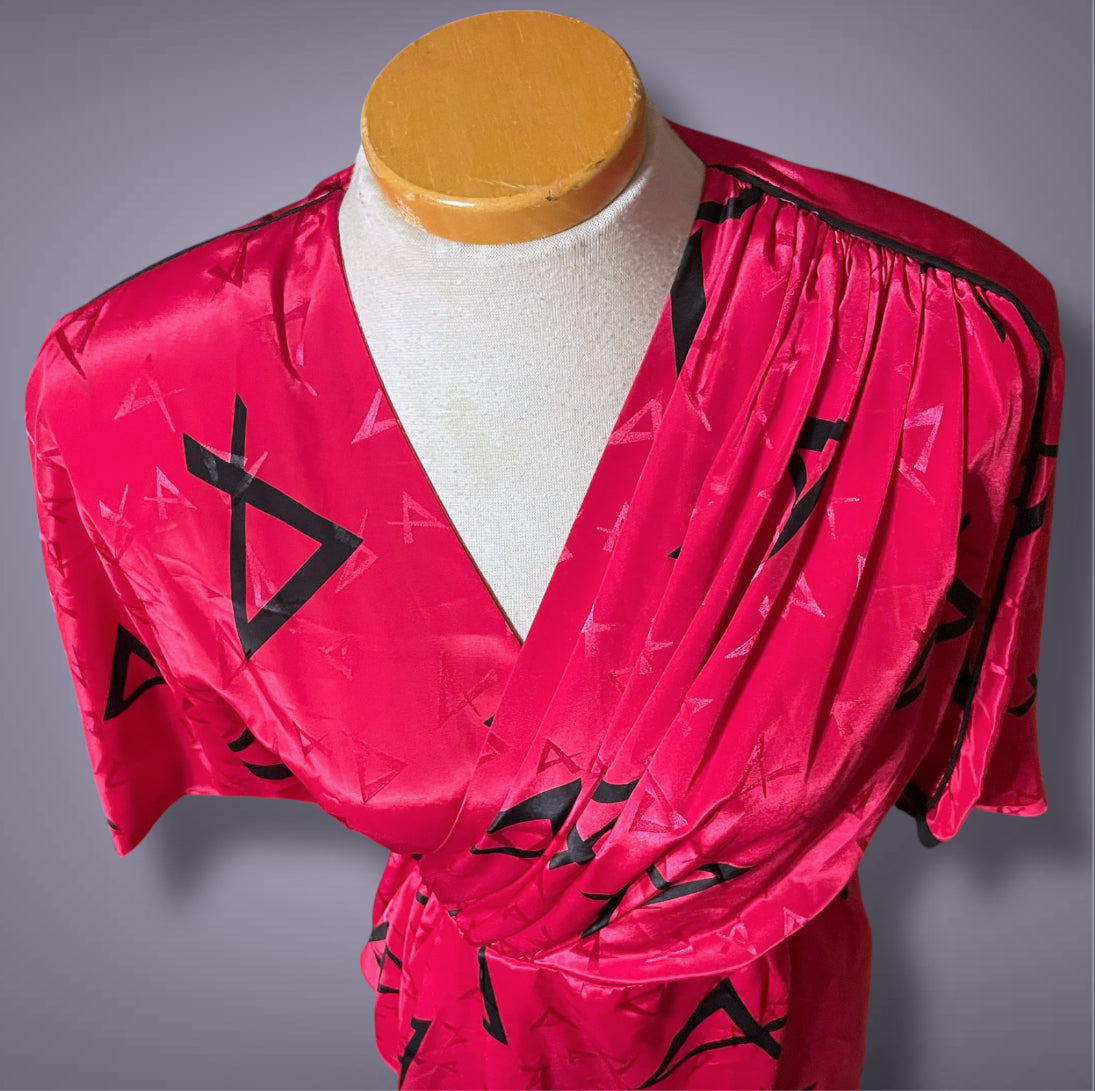 1980’s Magenta Pink Black Abstract Geometric Print Pleated Wrap Dress