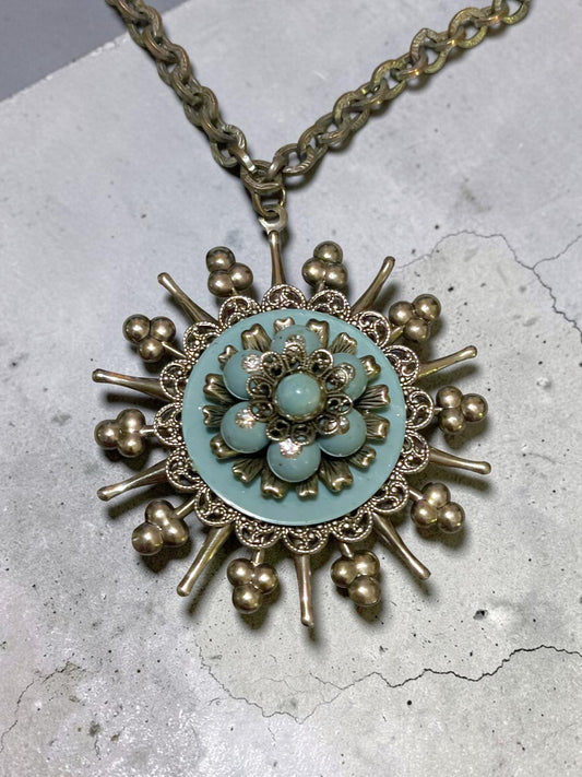 Vintage 1960’s Silver Starburst Turquoise Pendant Runway Necklace