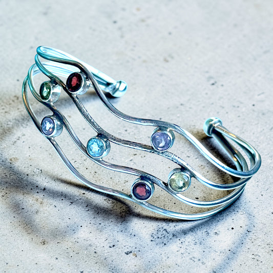 Sterling Silver Wavy Wire Aquamarine, Garnet, Amethyst, Peridot & Citrine Gemstone Cuff Bracelet