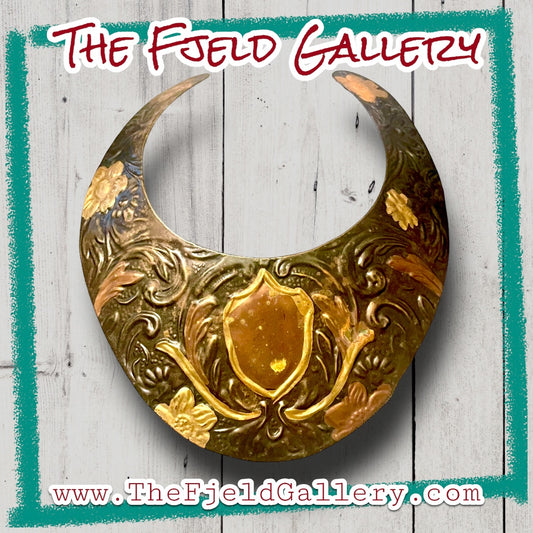 1970’s Runway Copper Mixed Metal Flourish Shield Neck Cuff Bib Necklace