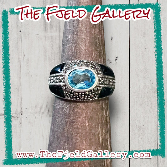 Aquamarine & Onyx Art Deco Sterling Silver & Marcasite Dome Ring