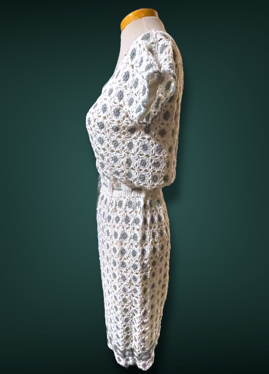 1970’s Vintage White & Gray Crochet Knit Floral Bow Waist Dress
