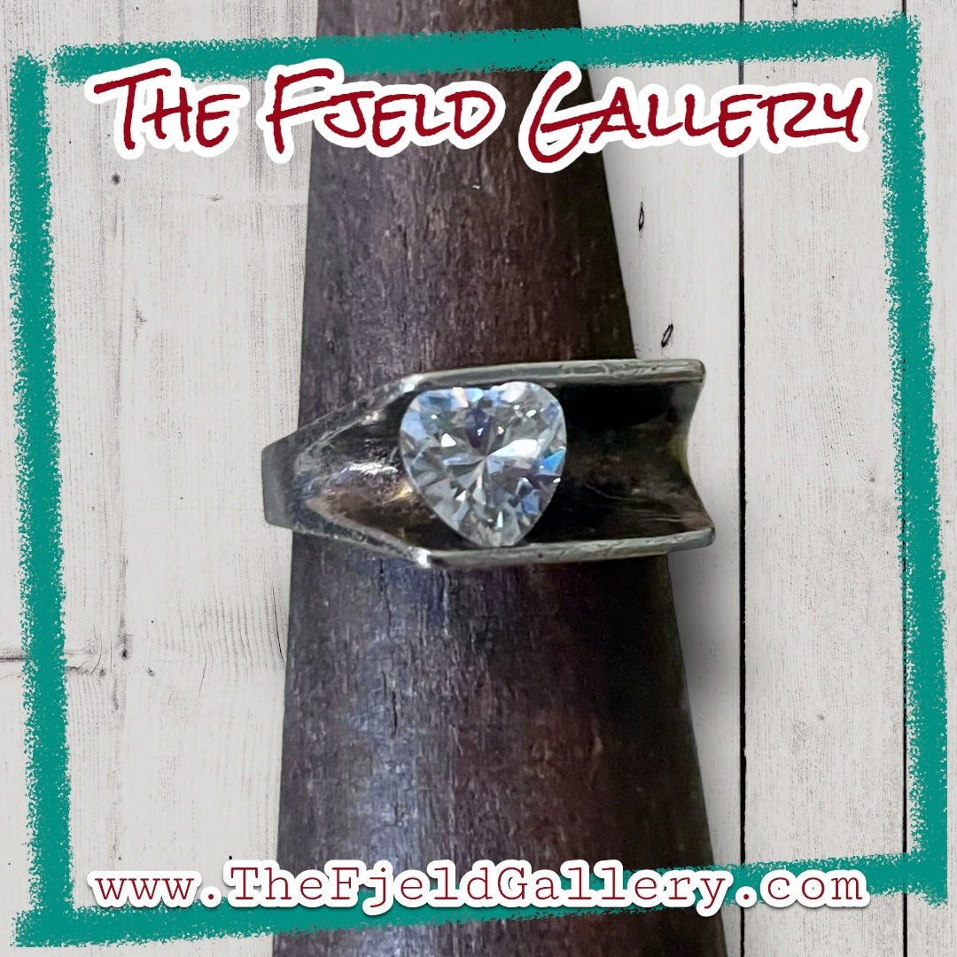Modernist Zircon Faceted Heart Set in Double Wall Sterling Silver Setting Ring