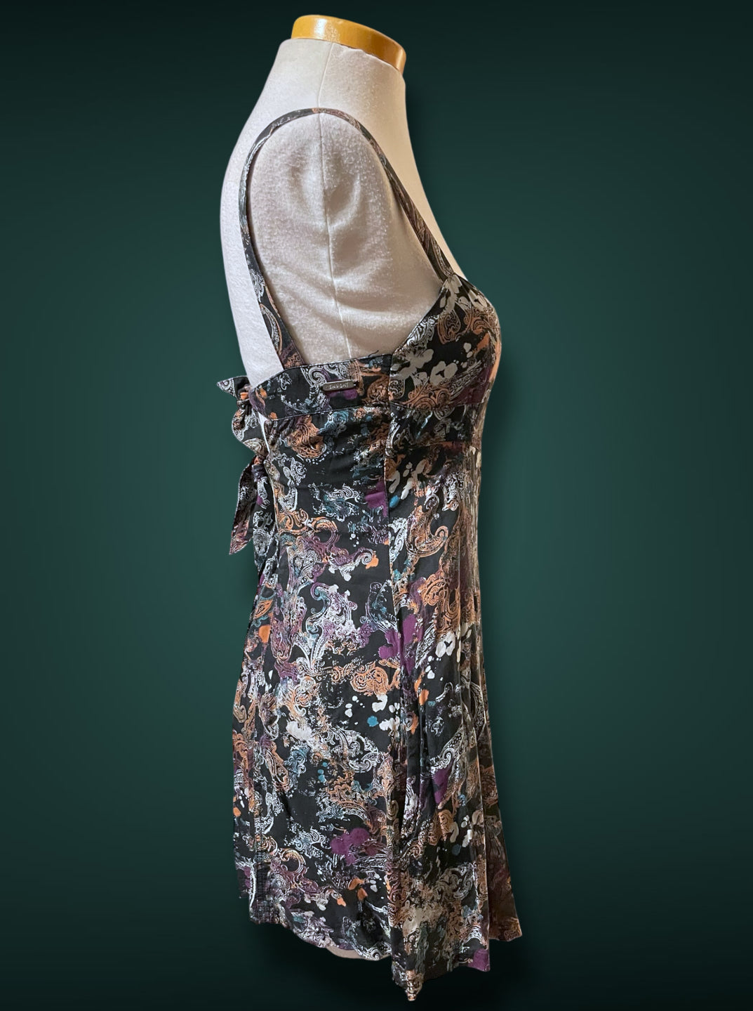 1990’s Black & White Paisley Print w Purple, Teal & Rust Bleach Splash Sundress