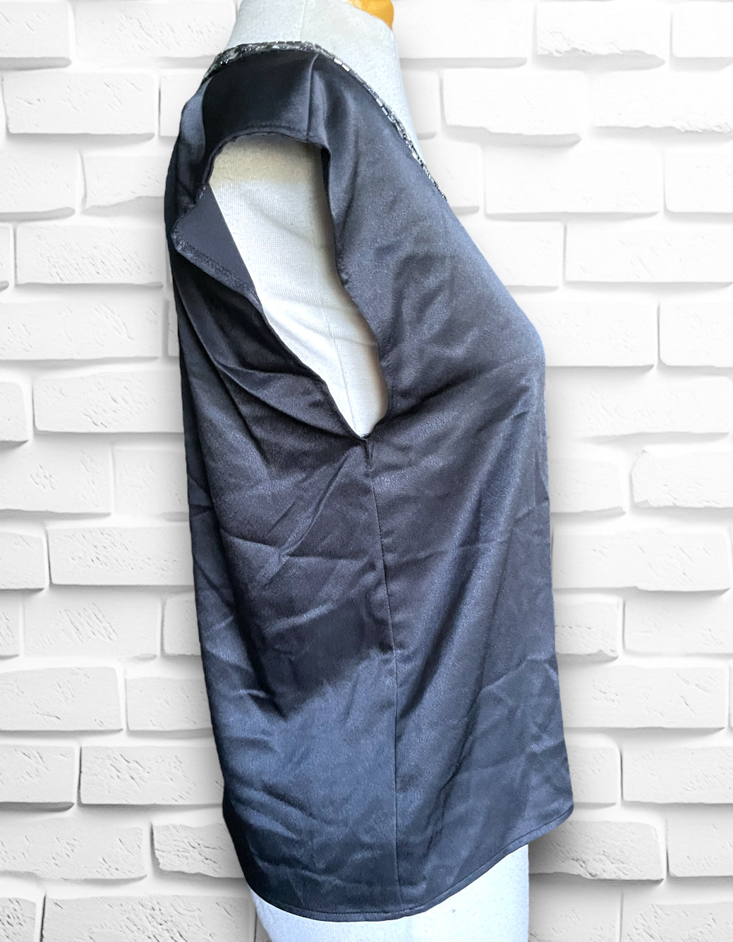 1990’s Vintage Black Satin Blouse w/ Black & Silver Seed Bead & Sequin Collar