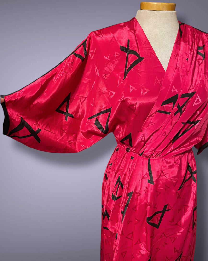 1980’s Magenta Pink Black Abstract Geometric Print Pleated Wrap Dress
