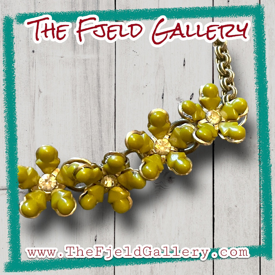 1960’s Olive Green Lucite & Crystal Rhinestone Daisy Flower Necklace & Earrings Set