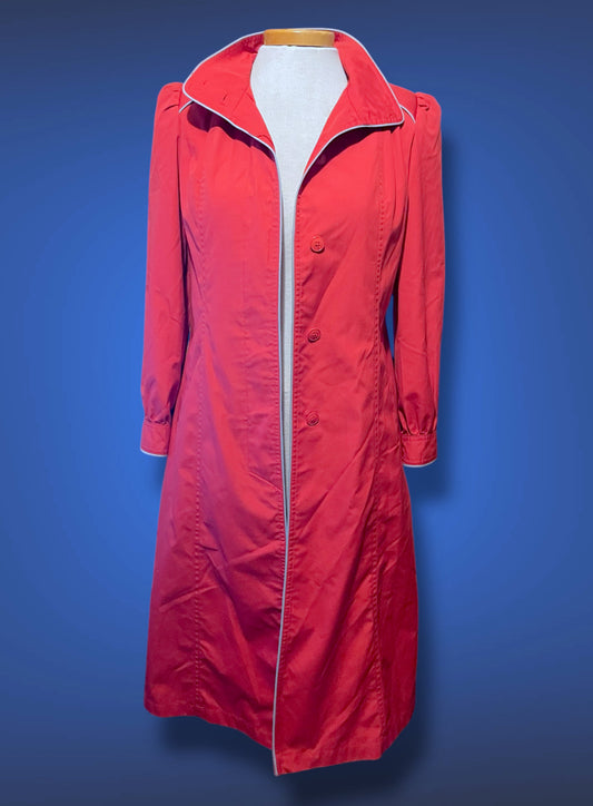 Vintage 1970’s Magenta Pink Long Trench Coat with Grey Piping Mod Detail
